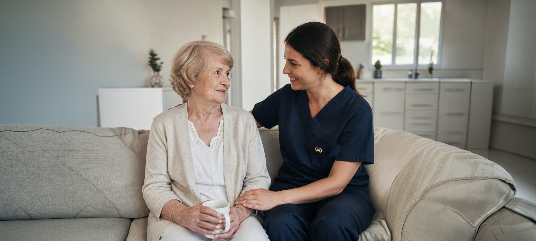Caregivers and residents in a shared moment of daily life and care